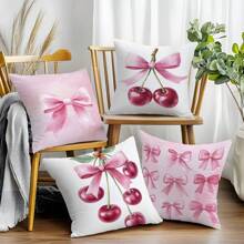 4pcs 17.7*17.7in(45*45cm) Pink Cherry Blossom Bow Print Pillow Cover [Single-Sided Printing] Home Decor Headboard Cushion Sofa Pillow Sham Peach Velvet Windowsill Cushion Cover [Pillow Insert Not Included], Suitable For Daily Use, Home High-End Minimalist Self-Use Decoration, Living Room Sofa Bedroom Bedhead Decoration, Small Car Pillow Cover Pillowcase