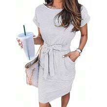 Women's Short Sleeve Striped Tunic Dress - 淺灰色 - 查看 1