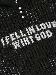 男女通用韩版简约休闲宽松字母图案马球领半襟短袖上衣，春夏 - 黑色 - 查看 7