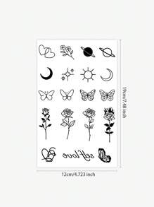 1 pièce Autocollants de tatouage temporaire lavables avec des motifs de rose, papillon, lune, cœur. Tatouage temporaire imperméable en PVC, convient pour une utilisation quotidienne