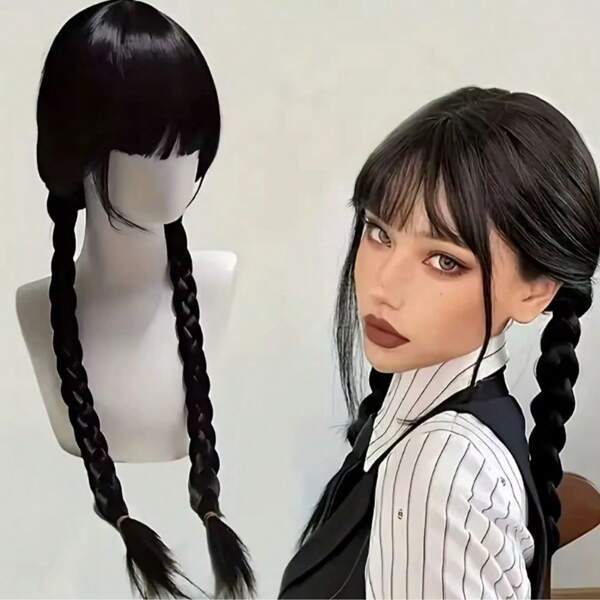 Peruca Preta Trança vandinha Wandinha wednesday Cosplay Família Addams Cabelo Fantasia