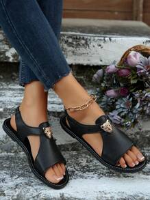 女士时尚露趾黑色凉鞋，带金属豹头装饰，镂空设计，系带，优雅度假风格平底凉鞋，适合夏季