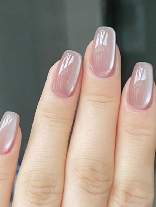 30-Piece Premium Short Square Acrylic False Nails With Crystal Cat Eye, Shimmering Pink & Brown Transparent Nail Tips, Removable Glass Beads For French Manicure Press On Nails