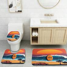 1 conjunto, patrón de ola, paisaje de puesta de sol, coche, tabla de surf, juego de 3 piezas de alfombra de baño de elementos diarios, alfombra de baño absorbente y lavable, alfombra de baño antideslizante, tapa de inodoro, alfombra de baño gruesa y suave, ducha, cocina, lavandería, baño, sala de estar, dormitorio, alfombra de interior, accesorio de decoración del hogar