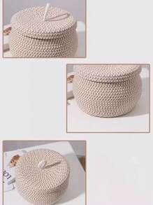 Nordic Style Cotton Rope Storage Basket With Lid, Tabletop Organizer Bin, Woven Makeup Holder & Key Accessories