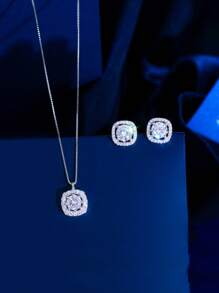 1 套奢华华丽蓝色方晶锆石花形吊坠项链和耳环首饰套装，适合女士