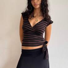 Women's Vintage Polka Dots Peter Pan Collar V Neck Short Sleeve Shirts Summer Casual Sheer Sim Fitted Blouse Tee Tops - 巧克力棕 - 查看 9