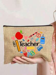 Bolsa de maquillaje con estampado de "Maestro" como regalo de aprecio al maestro, monedero de lino caqui, bolsa de cosméticos con forro y sin cierre - perfecto para educadores y personal escolar, regalo de agradecimiento al maestro, accesorios casuales y elegantes para salidas, vacaciones, viajes diarios, bolsa de cosméticos, regalo de cumpleaños para mamá, amiga