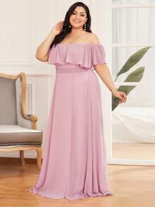 EVERPRETTY Vestido formal de dama de honor de talla grande con hombros descubiertos y abertura en el muslo - Rosa Pálido - Ver 3