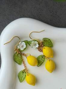 2 Pcs Original Summer Style Sweet Resin Yellow Green Lemons Flowers Dangle Earrings For Women Daily Wear