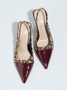 Women's Pointed Toe Leopard Multi-Color Pieced Stiletto Heel Slingback Pumps, Suitable For Commuting, Work, Everyday Wear - Burgundy - View 4