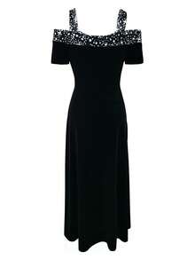 Women's Polka Dot Print Open Shoulder Short Sleeve Elegant Formal Party Dress, Wedding Guest Dress, For Cocktail - Black - View 2