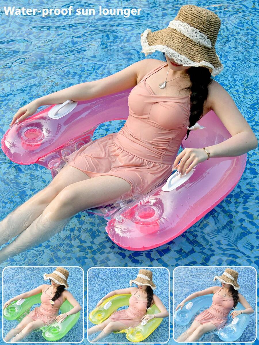 1pc Inflatable Water Hammock Lounger, Candy Color Adult Floating Bed For Pool & Beach Party, Perfect Summer Gift, Multifunctional Swimming Pool Floating Lounge Chair For Adults Vacation Fun And Rest, Beach Essentials, Beach Accessories - Pink - View 1