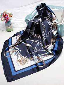 1pc 35.4inch Square Luxurious Printed Scarf, Popular Pattern Hijab Muslim Scarf Shawl, Fashion Women Silk Scarves & Wraps 90*90cm - Navy Blue - View 5