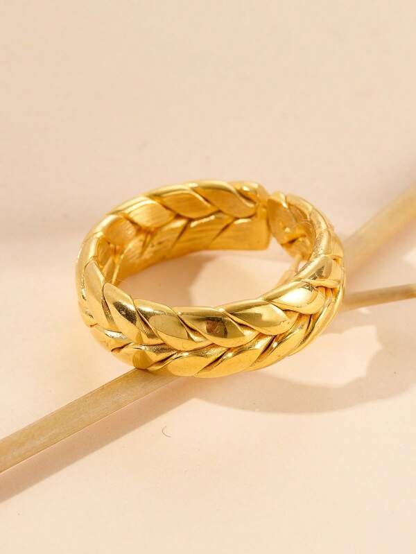 Mazuer 1pc 18k Gold Plated Vintage Stainless Steel Braided Design Ring, Elegant Summer Spring Accessory Suitable For Women Beach, Easter, Western Party, Date, Gift, Vacation