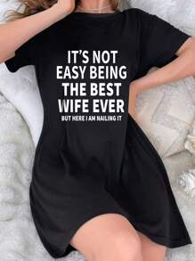 Women's Casual Round Neck T-Shirt Short-Sleeved Dress, With Slogans, Simple Letter Printing Casual Pajamas Dress, Short-Sleeved Round Neck T-Shirt Dress, Comfortable Nightgown Suitable For Home, Outing, Sports, Etc. - Black - View 7
