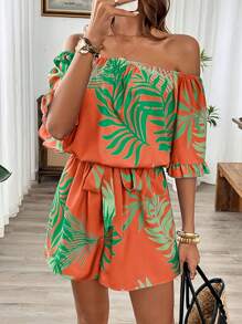 Women's Open Shoulder Tropical Print Ruffled One-Piece Romper For Casual/Holiday