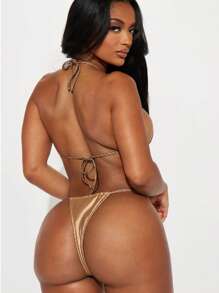 New Metallic Halter Triangle Tie Side Bikini Set - Brown - View 2