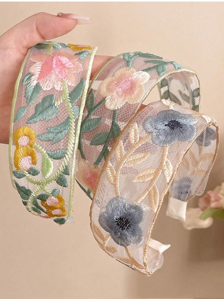 3条装花卉刺绣网纱发带，简约甜美风格，适合青少年 - 彩色 - 查看 1