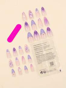 24 件法式紫色假指甲 3D 花朵按压指甲波尔卡圆点指甲艺术短杏仁形按压指甲美甲套装包括 1 片粘合标签和 1 个迷你锉刀，非常适合日常佩戴美甲用品 - 彩色 - 查看 2