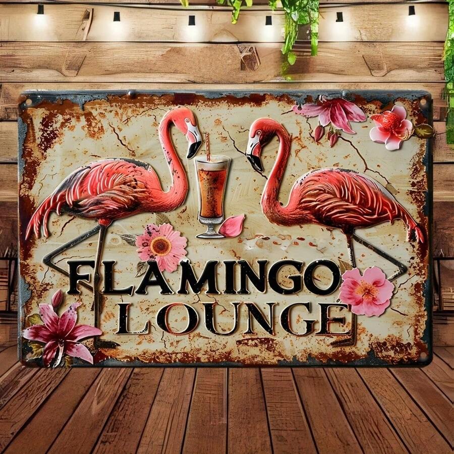 1 件火烈鸟休闲室复古金属锡标牌 - 30.48 厘米 X 20.32 厘米热带火烈鸟墙壁艺术适用于家庭酒吧咖啡厅车库装饰，复古铝箔雕花牌匾，新奇户外海报礼物 - 彩色 - 查看 1