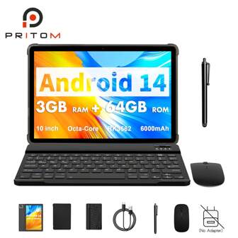 PRITOM Android 14 平板电脑（RK3562 四核 2.0Ghz/3GB RAM/64GB Rom 支持 1TB SD 扩展/10.1 英寸 1280*800 Ips 屏幕/5G WIFI 802.11ac/BT 5.0/6000mah/Type-C/2.0 MP + 8.0 MP 双摄像头/带免费皮套（无适配器）