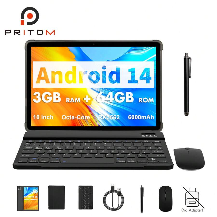 PRITOM Android 14Tablet (RK3562 Quad-Core 2.0Ghz/3GB RAM/64GB Rom Supports 1TB SD Expansion/10.1 Inch 1280*800 Ips Screen/5G WIFI 802.11ac/BT 5.0/6000mah/Type-C/2.0 MP + 8.0 MP Dual Camera/ With Free Leather Case(No Adapter)