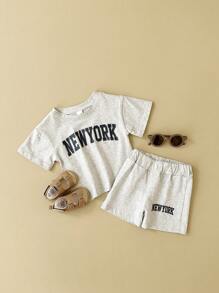 2pcs/Set Infant Boys' Casual Letter Print Short Sleeve T-Shirt + Shorts, Summer