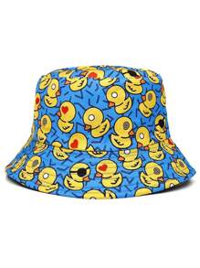 1 Pc Foldable Reversible Duck Print Bucket Hat For Women, Polyester, Sun Protection, Suitable For Spring/Summer, Beach