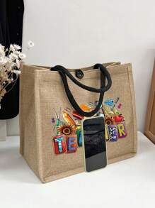 Bolso de mano de lino con estampado de patrones temáticos de maestros, bolso grande con bolso pequeño, con diseños de colores contrastantes que presentan patrones de útiles escolares, libros y artículos de papelería