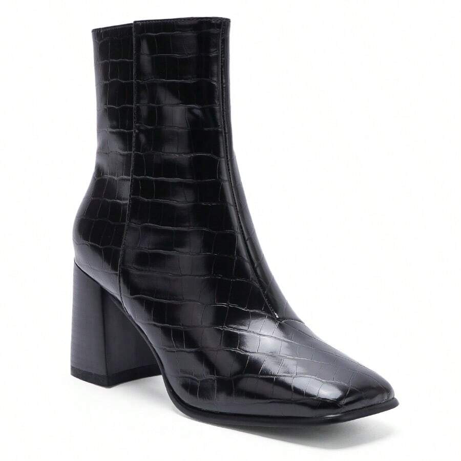 Modern Stone Pattern Boots Block Heel Ankle Boots Western Vintage Square Toe Boots - màu đen - Xem 1