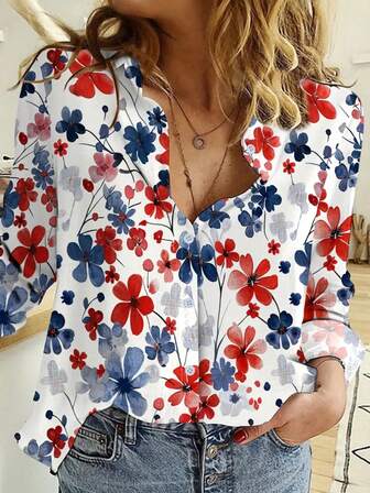 Damen Mode Blumen Muster Lässig Hemd