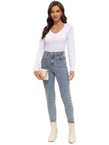 LKESRC Women's Long Sleeve Shirt Soft V-Neck Top Fitted Tight Solid Color Basic T-Shirt - 白色 - 查看 5