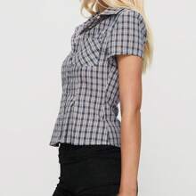 Women's Short Sleeve Plaid Button Down Shirt Button Up Blouses Casual Summer Tops Streetwear For Casual Daily - Navy Blue - View 5