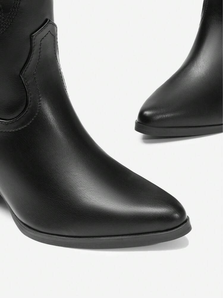 Embroidered Western Boots For Women Comfortable Chunky Heel Pull On Zipper Pointed Toe Knee High Boots Vintage Cowgirl Cowboy Ridding Vacation Boots - Black - View 7