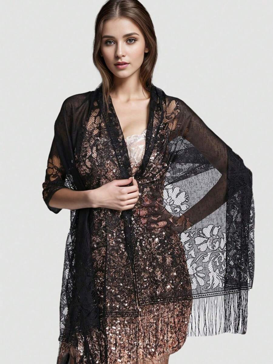 1 件女式花卉蕾丝边围巾披肩带流苏，柔软网状流苏披肩，适合婚纱、婚礼/派对晚礼服 - 純白色 - 查看 1