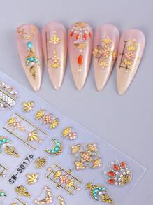 5D Metallic Bohemian Embossed Nail Stickers 2pcs Iridescent Gold Sun Gemstone Graphic Lace Enamel Necklace Moon Design DIY Holographic Engraving Self-Adhesive Gel Polish Decals Sliders Nail Art Decoration Salon Manicure Nail Supplies