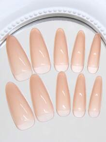 24pcs Long Almond-Shaped Press On Nails Set, French Minimalist Nude Nails, Glossy Finish, Suitable For Women And Girls Everyday Wear