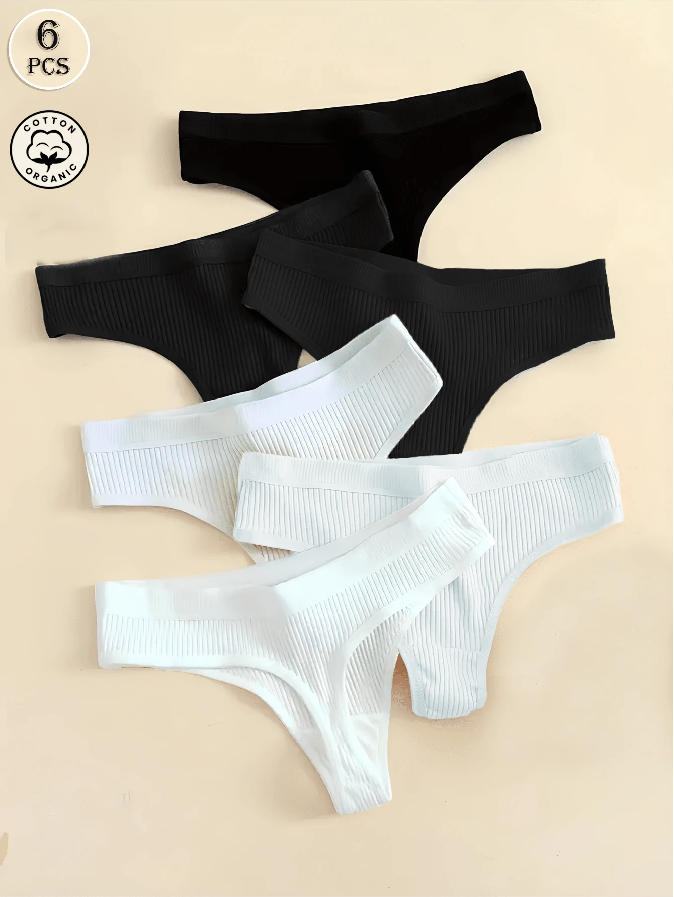 6 pièces Culottes tanga minimalistes respirantes côtelées de couleur unie pour femmes - Multicolore - Voir 1