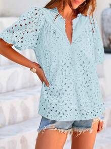 Women's Casual Summer V Neck Puff Short Sleeve Hollow Out Eyelet Embroidery Button ShirtSpring Fashion Beach Vacation Holiday Boho Blouse Top Outfits - 淺藍色 - 查看 3