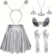 外星人服装配饰套装 - 科幻主题派对套装，含头带、金属褶裙、UFO 吊坠项链和耳环、眼镜、银色长手套 - 塑料，无羽毛，是派对和节日舞会万圣节的理想礼物 - 彩色 - 查看 11