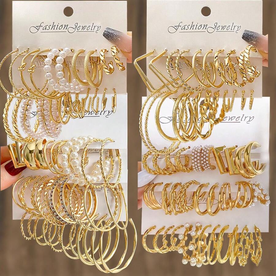36pcs/Set Minimalist Exaggerated Hoop Earrings Set, Gift For Women, Suitable For Dating, Vacation And Daily Matching Gifts