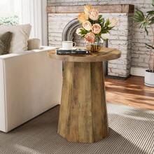 Tribesigns Farmhouse Round End Table, Wooden Couch Side Table With Octagonal Base, Rustic Brown Nightstand Pedestal Accent Furniture For Living Room, Bedroom - 棕色 - 查看 3