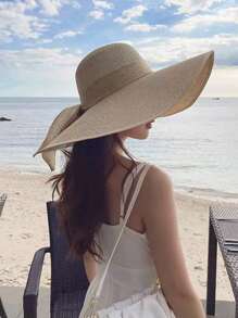 1pc Spring/Summer Fashionable Minimalist Straw Sun Hat, Outdoor Hiking Sun Protection Beach Hat - Khaki - View 2