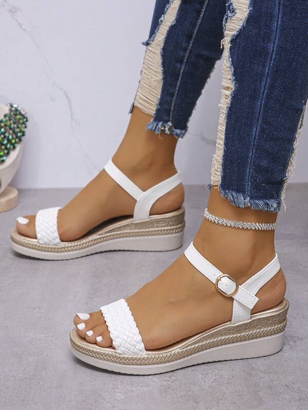 Damen Mode Keilabsatz erhöhen Höhe weiß Riemchensandalen, Lässig bequeme vielseitige Outdoor Geflecht Riemchen Sandalen, offene Zehe rutschfeste Strand Urlaub Sandalen, Urlaubsstil Slingback einfarbige Sandalen