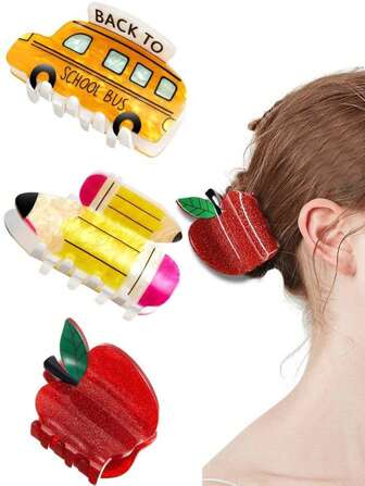 1 件可爱校车爪发夹，亚克力铅笔/电脑/苹果发夹，创意开学礼物，适合女性发夹发夹发夹发夹发夹，爪夹秋冬发饰，适合女士度假装扮