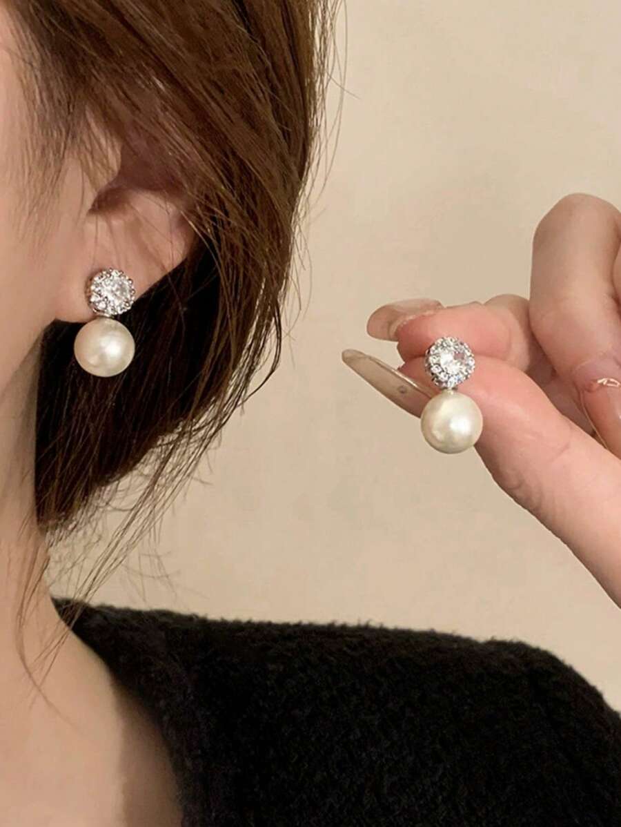 1 Pair Simulated Water Drop Faux Pearl Earrings, Bridal Bridesmaids Wedding Jewelry Valentine's Day Accessories - Silver - View 1