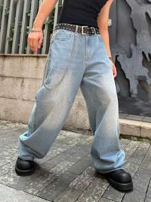 HEHCN Men's Washed Light Blue Wide Leg Casual Loose Jeans, Street-Style Pants, Suitable As Gifts For Husband Or Boyfriend