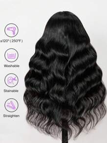 Peluca de cabello sintético de 28 pulgadas, estilo ondulado, con parte central en V, sin pegamento, con clip, media peluca para niñas, aspecto natural para uso diario y selfies - Negro - Ver 4