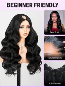 Peluca de cabello sintético de 28 pulgadas, estilo ondulado, con parte central en V, sin pegamento, con clip, media peluca para niñas, aspecto natural para uso diario y selfies - Negro - Ver 2